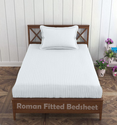 EVAN 300 TC Cotton Single Striped Fitted (Elastic) Bedsheet(Pack of 1, White)