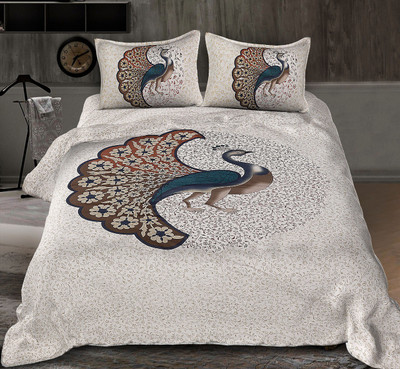 E ELMA 120 TC Cotton Double Printed Flat Bedsheet(Pack of 1, Blue)