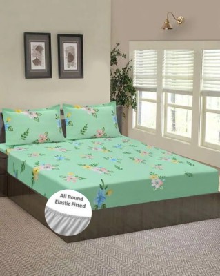 real dream 200 TC Cotton Queen Floral Fitted (Elastic) Bedsheet(Pack of 1, Green)
