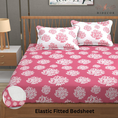 HIDECOR 280 TC Microfiber King Polka Fitted (Elastic) Bedsheet(Pack of 1, Mauve & White)