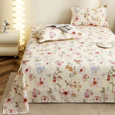Story@home Cotton Blend King Flat 300 TC Floral Bedsheet(Pack of 1, Off White, Red)