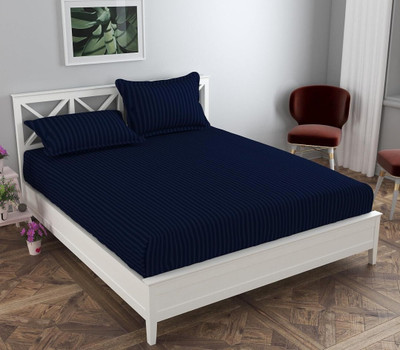 EpicEdge 300 TC Satin Double Striped Fitted (Elastic) Bedsheet(Pack of 1, Blue)