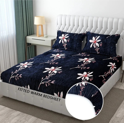 Kulshum Dream Velvet King Fitted (Elastic) 300 TC Floral Bedsheet(Pack of 1, Blue)