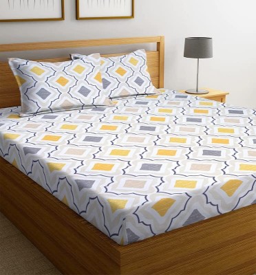 SHOMES 250 TC Cotton Double, King, Queen Geometric Fitted (Elastic) Bedsheet(Pack of 1, White)