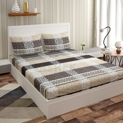 mayraojs Microfiber Double Fitted (Elastic) 220 TC Floral Bedsheet(Pack of 1, Cream, Gold)