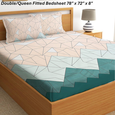 Fashancy Cotton Queen Fitted (Elastic) 300 TC Geometric Bedsheet(Pack of 1, Cream Line)