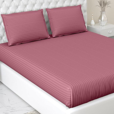WUSA 210 TC Satin Double Striped Flat Bedsheet(Pack of 1, Rose Gold)
