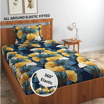 AMEYAA Cotton Single Fitted (Elastic) 320 TC Printed Bedsheet(Pack of 1, Blue Yellow)