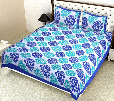 KANDY SHOP Cotton Double Flat 280 TC Jaipuri Prints Bedsheet(Pack of 1, Blue, White)