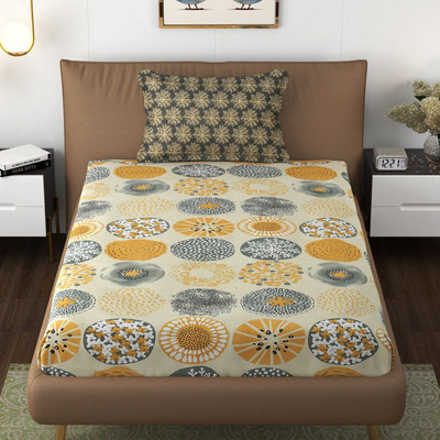 vnm home Cotton, Microfiber Single Flat 210 TC Printed Bedsheet(Pack of 1, CREAM ROUND PRINTED)