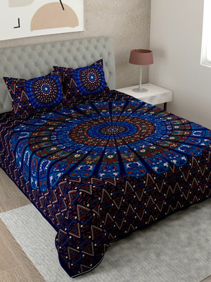 UNIQCHOICE 144 TC Cotton King Jaipuri Prints Flat Bedsheet(Pack of 1, Blue)