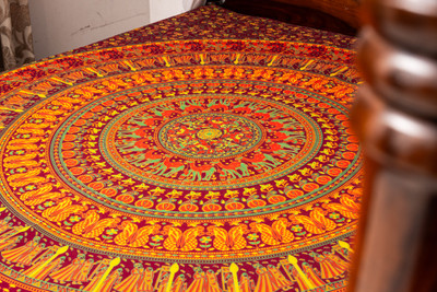Fashion Heavenn Cotton Queen Flat 180 TC Printed Bedsheet(Pack of 1, Maroon base with bright orange, yellow & green)