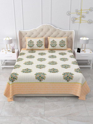 Castile Cotton King Flat 360 TC Floral Bedsheet(Pack of 1, Orange)