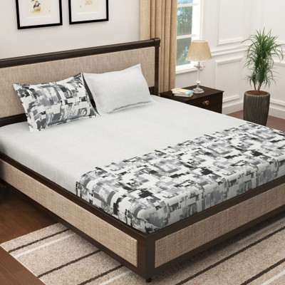 Story@home Cotton King Flat 300 TC Printed Bedsheet(Pack of 1, White, Grey)