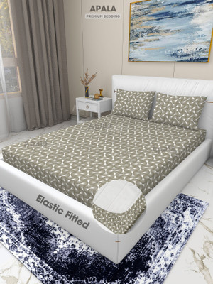Apala 280 TC Microfiber Double, King Self Design Fitted (Elastic) Bedsheet(Pack of 1, Beige, White)