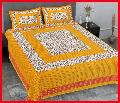 BedZone Cotton Double Flat 230 TC Jaipuri Prints Bedsheet(Pack of 1, Yellow)