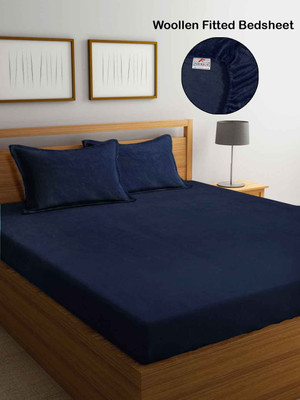Fabinaliv Woolen King Fitted (Elastic) 300 TC Solid Bedsheet(Pack of 1, Navy Blue)