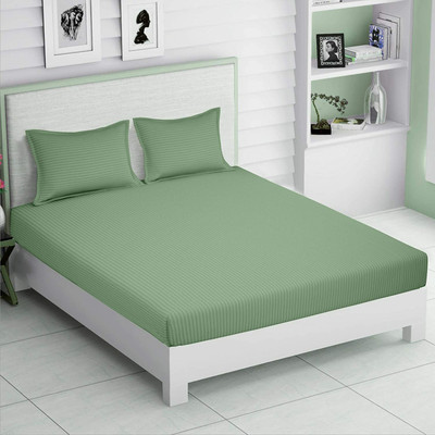 RRC 144 TC Microfiber Double Striped Fitted (Elastic) Bedsheet(Pack of 1, Green)