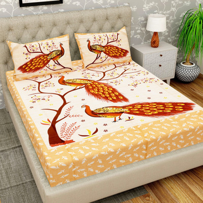 Cosito 144 TC Cotton Double Jaipuri Prints Flat Bedsheet(Pack of 1, Brown, Multicolor)