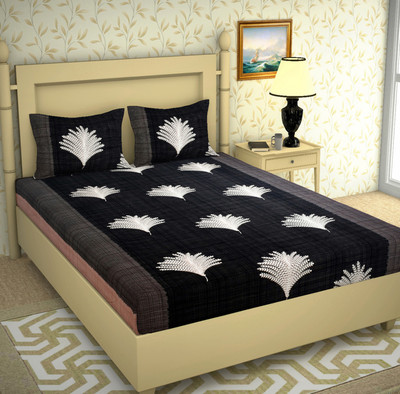 BROMWICK 144 TC Microfiber Double Printed Fitted (Elastic) Bedsheet(Pack of 1, Black)