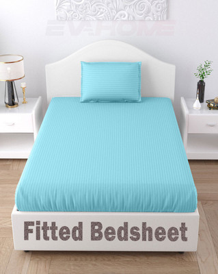 EVAHOME 300 TC Cotton Single Striped Fitted (Elastic) Bedsheet(Pack of 1, Aqua)