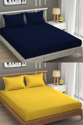VORDVIGO 300 TC Satin Double Striped Fitted (Elastic) Bedsheet(Pack of 2, Blue & Yellow)