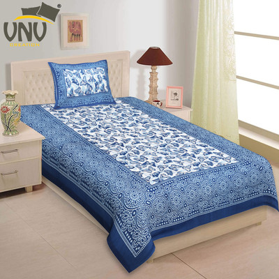VNV Creation Cotton Single Flat 144 TC Jaipuri Prints Bedsheet(Pack of 1, Light Blue, Blue, White)