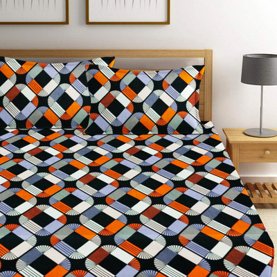 RisingStar 250 TC Cotton Double Printed Fitted (Elastic) Bedsheet(Pack of 1, Orange)
