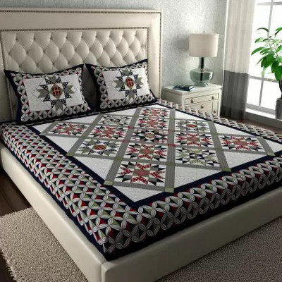 Poorak 104 TC Cotton Double Jaipuri Prints Flat Bedsheet(Pack of 1, Geomtric Blue)
