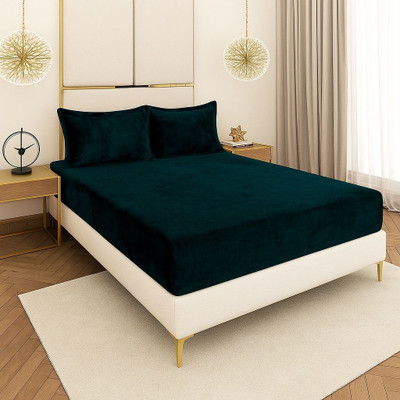 BM Decor Velvet King Fitted (Elastic) 300 TC Solid Bedsheet(Pack of 1, Dark Green)