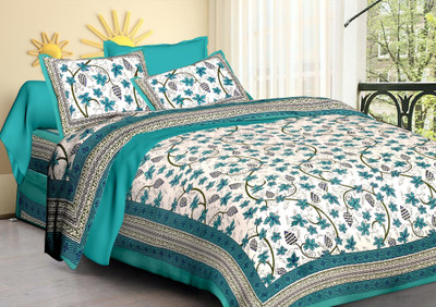 PALANG SHOBHA Cotton Double Flat 120 TC Jaipuri Prints Bedsheet(Pack of 1, Sky)