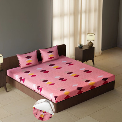 CARLTON LONDON 144 TC Cotton Queen Geometric Fitted (Elastic) Bedsheet(Pack of 1, Multicolor29)