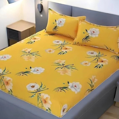 Rumps 220 TC Cotton King Printed Fitted (Elastic) Bedsheet(Pack of 1, Yellow, flower)