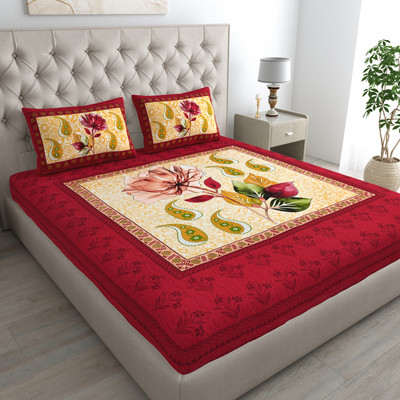 Cosito Cotton Double Flat 144 TC Jaipuri Prints Bedsheet(Pack of 1, Red 1, Multicolor)