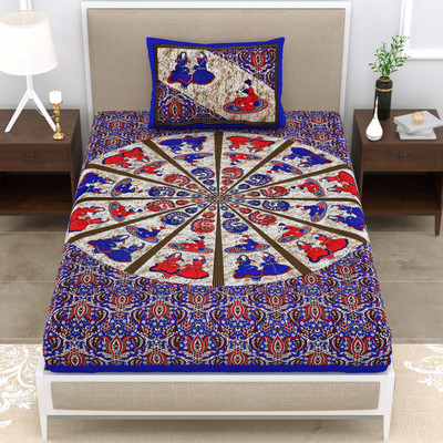 Mandakini 140 TC Cotton Single Jaipuri Prints Flat Bedsheet(Pack of 1, Blue)