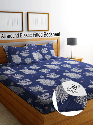 RisingStar Cotton Double Fitted (Elastic) 350 TC Floral Bedsheet(Pack of 1, BLUE_FLORAL)