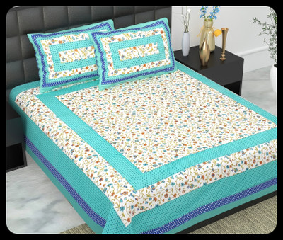 JAIPUR PRINTS Cotton Double Flat 220 TC Jaipuri Prints Bedsheet(Pack of 1, Sky)