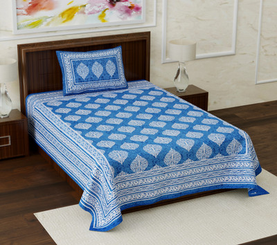 Mandakini 140 TC Cotton Single Jaipuri Prints Flat Bedsheet(Pack of 1, Blue)