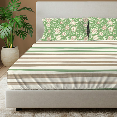 Urban Space Cotton Super King Flat 144 TC Printed Bedsheet(Pack of 1, Brown, Green, White)