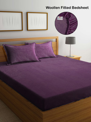 Fabinaliv Woolen King Fitted (Elastic) 300 TC Solid Bedsheet(Pack of 1, Raisin Purple)