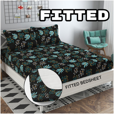 ALPHA DECORANT Polycotton Double Fitted (Elastic) 220 TC Floral Bedsheet(Pack of 1, Black)