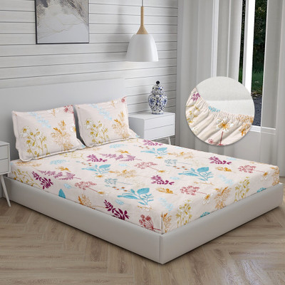 YaAkholic 260 TC Cotton Double Printed Fitted (Elastic) Bedsheet(Pack of 1, Cream)