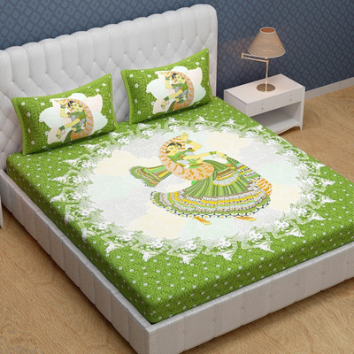 Cosito 144 TC Cotton Double Jaipuri Prints Flat Bedsheet(Pack of 1, Parrot Green)
