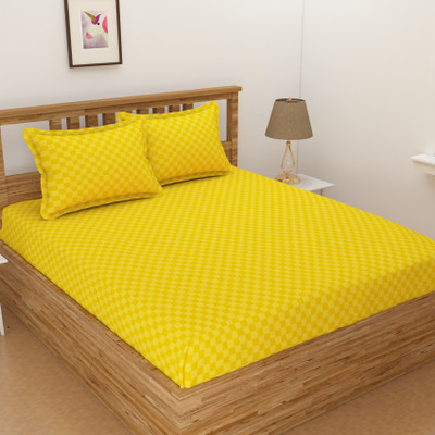 BROMWICK 280 TC Microfiber Double Checkered Fitted (Elastic) Bedsheet(Pack of 1, Yellow)