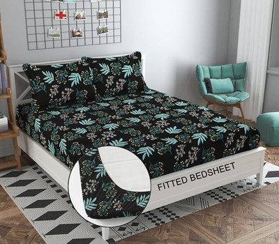 ARDM 220 TC Cotton Double Floral Fitted (Elastic) Bedsheet(Pack of 1, Black)