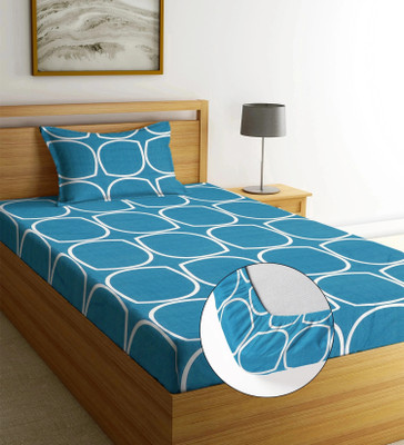 Moonroof Cotton Single Fitted (Elastic) 244 TC Printed Bedsheet(Pack of 1, Blue, White_Circle)