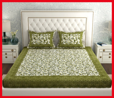 JAIPUR PRINTS Cotton Double Flat 240 TC Jaipuri Prints Bedsheet(Pack of 1, Green)