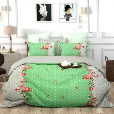 MAYURI OVERSEAS Cotton King Fitted (Elastic) 200 TC Floral Bedsheet(Pack of 1, GREEN DOTTED)