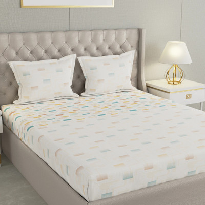 Raymond Home Cotton Super King Flat 200 TC Geometric Bedsheet(Pack of 1, White & Orange)