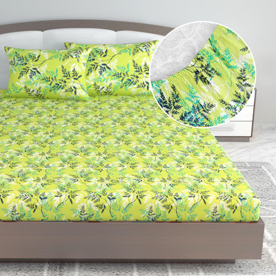 Divine Casa Cotton King Fitted (Elastic) 144 TC Floral Bedsheet(Pack of 1, Greenery Lime)